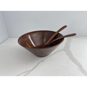 Vintage Walnut Wood Bowl Matching Salad Fork & Spoon Set Handcrafted